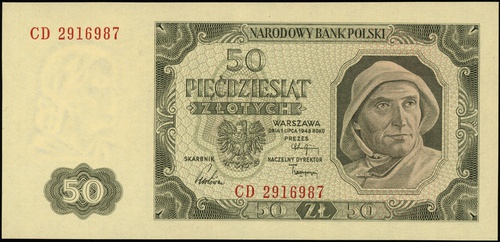 50 złotych 1.07.1948, seria CD, numeracja 2916987, Lucow 1285b (R1) - ilustrowany w katalogu kolekcji, Miłczak 138g, wyśmienity egzemplarz