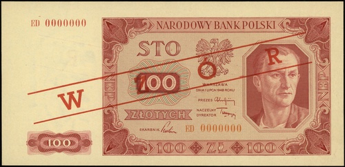 100 złotych 1.07.1948, seria ED, numeracja 0000000, po obu stronach ukośny czerwony nadruk \WZÓR, Lucow 1289a (R7) - ilustrowany fragment w katalogu kolekcji