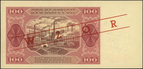 100 złotych 1.07.1948, seria ED, numeracja 0000000, po obu stronach ukośny czerwony nadruk \WZÓR, Lucow 1289a (R7) - ilustrowany fragment w katalogu kolekcji