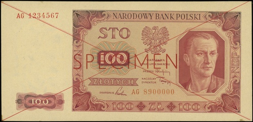 100 złotych 1.07.1948, seria AG, numeracja 1234567 / 8900000, po obu stronach dwukrotnie przekreślony i czerwony nadruk \SPECIMEN, Lucow 1291 (R6)