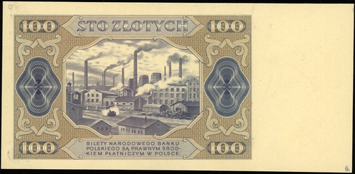 próba kolorystyczna banknotu 100 złotych 1.07.1948, bez oznaczenia serii i numeracji, obie strony wydrukowane na osobnych arkuszach (papier ze znakami wodnymi), sklejone i wycięte do rozmiaru banknotu, strona główna w kolorze fioletowym z jasnozielonym poddrukiem, strona odwrotna brązowa z fioletowymi i niebieskimi ornamentami, Lucow 1294d (R8) - ilustrowany w katalogu kolekcji, Miłczak - patrz 139, znaki wodne obu arkuszy  nie pokrywają się, uszkodzenia papieru niezadrukowanych stron, na obu stronach w prawym dolnym rogu ołówkiem \6, zafalowania spowodowane klejeniem