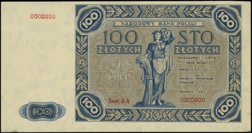 100 złotych 1.07.1948, seria AA, numeracja 00000