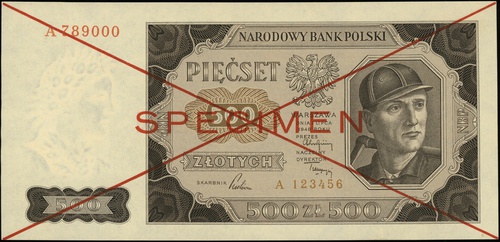 500 złotych 1.07.1948, seria A, numeracja 123456 / 789000, po obu stronach dwukrotnie przekreślony i czerwony nadruk \SPECIMEN, Lucow 1304 (R6)