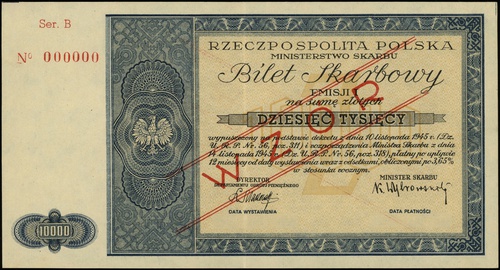 bilet skarbowy na 10.000 złotych 1945, emisja I, seria B, numeracja 000000, po obu stronach ukośny czerwony nadruk \WZÓR, Lucow 1313 (R8) - ilustrowany z katalogu kolekcji