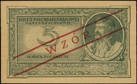 5 marek polskich 17.05.1919, seria IC, numeracja 107504, po obu stronach ukośny czerwony nadruk \W..