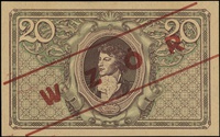 20 marek polskich 17.05.1919, seria A, numeracja 000000, po obu stronach ukośny czerwony nadruk \W..