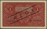 1 marka polska 23.08.1919, seria I-DN, numeracja 638890, po obu stronach ukośny czarny nadruk \WZÓ..