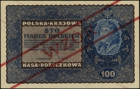 100 marek polskich 23.08.1919, seria I-A, numeracja 123,456, po obu stronach ukośny czerwony nadru..
