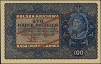100 marek polskich 23.08.1919, seria IH-A, numeracja 663873, po obu stronach ukośny czerwony nadru..
