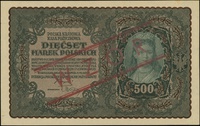 500 marek polskich 23.08.1919, seria I-BH, numeracja 448407, po obu stronach ukośny czerwony nadru..