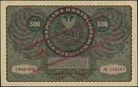 500 marek polskich 23.08.1919, seria I-BH, numeracja 448407, po obu stronach ukośny czerwony nadru..