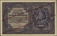 1.000 marek polskich 23.08.1919, seria I-E, numeracja 528092, po obu stronach ukośny czerwony nadr..