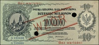 10.000.000 marek polskich 20.11.1923, seria A / A, numeracja 123456 / 789000, po obu stronach ukoś..