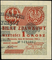 1 grosz 28.04.1924, seria AP, numeracja 8494062, nadruk na prawej części banknotu 500.000 marek po..