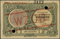 5 złotych 1.05.1925, seria A, numeracja 1234567 / 8901234, po obu stronach ukośny czerwony nadruk ..