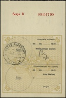 asygnata na 10 złotych, seria B, numeracja 0934798, na stronie odwrotnej pieczęć urzędu skarbowego..