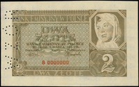 2 złote 1.03.1940, seria B, numeracja 0000000, po lewej pionowa perforacja \WZÓR, Lucow 768 (R6) -..
