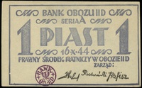 1 piast 16.10.1944, seria A, na stronie głównej fioletowa pieczęć banku obozowego, bez stempla na ..