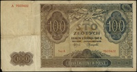 100 złotych 1.08.1941, seria A, numeracja 7503422, z nadrukiem na stronie odwrotnej: A.K. / \Reguł..
