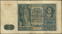 50 złotych 1.08.1941, seria D, numeracja 5760575, z nadrukiem na stronie głównej: A.K. / \Reguła\"..
