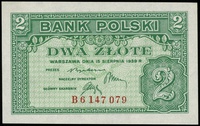 2 złote 15.08.1939, seria B, numeracja 6147079, papier bez znaku wodnego, Lucow 1011 (R5), Miłczak..
