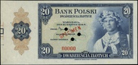 20 złotych 20.08.1939, bez oznaczenia serii, numeracja 00000, papier bez znaku wodnego ale z kolor..