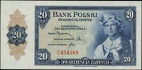 20 złotych 20.08.1939, seria C, numeracja 454989, papier bez znaku wodnego ale z kolorowym konfett..