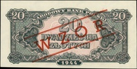 20 złotych 1944, seria Ax, numeracja 000000, w klauzuli \obowiązkowe, po obu stronach ukośny czerw..