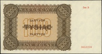 1000 złotych 1945, seria B, numeracja 3653236, Lucow 1151 (R6), Miłczak 120a, ślad na górnym margi..