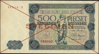 500 złotych 15.07.1947, seria X, numeracja 789000, po obu stronach dwukrotnie przekreślony z nadru..