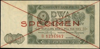 2 złote 1.07.1948, seria B, numeracja 1234567, po obu stronach dwukrotnie przekreślony z nadrukiem..