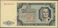 20 złotych 1.07.1948, seria BA, numeracja 1234567 / 8900000, na stronie głównej ukośny czerwony na..