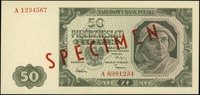 50 złotych 1.07.1948, seria A, numeracja 1234567 / 8901234, po obu stronach ukośny czerwony nadruk..