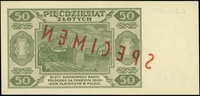 50 złotych 1.07.1948, seria A, numeracja 1234567 / 8901234, po obu stronach ukośny czerwony nadruk..