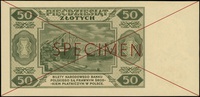 50 złotych 1.07.1948, seria AA, numeracja 1234567 / 8901234, po obu stronach dwukrotnie przekreślo..