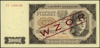 500 złotych 1.07.1948, seria CC, numeracja 4588488, po obu stronach ukośny czerwony nadruk \WZÓR, ..