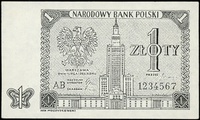 czarnodruk projektu banknotu 1 złoty 1.07.1955, seria AB, numeracja 1234567, papier bez znaku wodn..