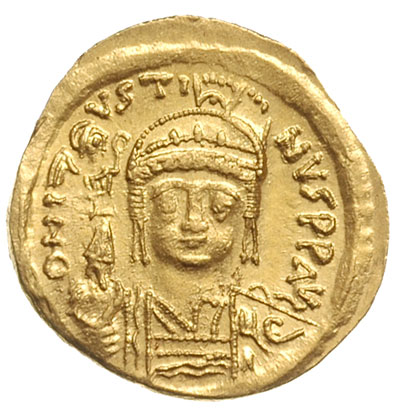 Justyn II 565-578, solidus 567-578, Konstantynopol, oficyna Θ, Aw: Popiersie cesarza na wprost, D N I-VSTI-NVS P P AVG, Rw: Wiktoria z berłem i jabłkiem królewskim na wprost, VICTORI-A AVGGG Θ / CONOB, złoto 4.50 g, Sear 345, MIB 4, bardzo ładny egzemplarz