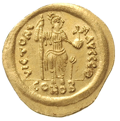Justyn II 565-578, solidus 567-578, Konstantynopol, oficyna Θ, Aw: Popiersie cesarza na wprost, D N I-VSTI-NVS P P AVG, Rw: Wiktoria z berłem i jabłkiem królewskim na wprost, VICTORI-A AVGGG Θ / CONOB, złoto 4.50 g, Sear 345, MIB 4, bardzo ładny egzemplarz