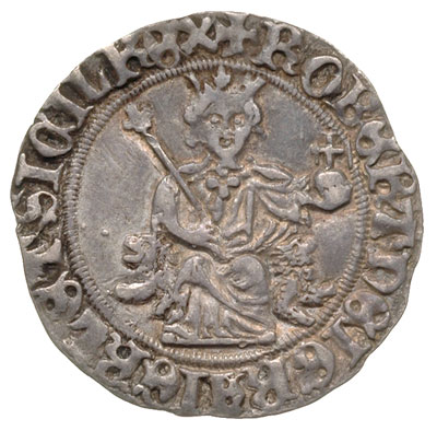 Prowansja, Robert d’Anjou 1309-1343, carlin, Aw: Król siedzący na tronie z lwów na wprost, w otoku napis, Rw: Krzyż kwietny, w otoku napis HONOR REGIS IVDIE DILIGIT, srebro 3.91 g, Poey d’Avant 3977