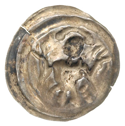 Henryk I Brodaty 1201-1238 lub Henryk II Pobożny 1238-1241, brakteat typu ratajskiego, mennica Wrocław, Półpostać świętego w aureoli na wprost z podniesionymi rękoma, srebro 0.17 g, Fbg 73, patyna