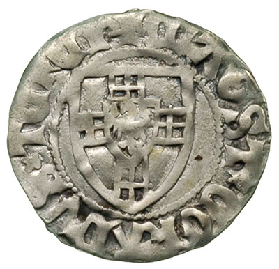 Konrad von Jungingen 1393-1407, szeląg, Aw: Tarcza wielkiego mistrza i napis, Rw: Tarcza zakonna i napis, srebro 1.64 g, Neumann 7a, Vossberg 319