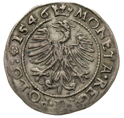 grosz 1546, Kraków, odmiana z końcówka napisu POLO, dwukropkiem i rozetką, delikatna patyna