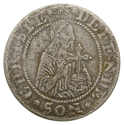 grosz oblężniczy 1577, Gdańsk, wybity w czasie gdy zarządcą mennicy był K. Goebl’a, na awersie głowa Chrystusa nie przerywa wewnętrznej obwódki, T. 2.50, patyna