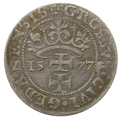 grosz oblężniczy 1577, Gdańsk, wybity w czasie gdy zarządcą mennicy był K. Goebl’a, na awersie głowa Chrystusa nie przerywa wewnętrznej obwódki, T. 2.50, patyna