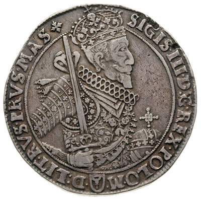 talar 1628, Bydgoszcz, odmiana z herbem podskarbiego pod popiersiem króla, 28.72 g, Dav. 4315, T. 6, drobna wada blachy, patyna