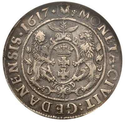 ort 1617, Gdańsk, dwukropek i rozetka kończą napis na awersie, moneta w pudełku NGC z certyfikatem  AU 50, patyna