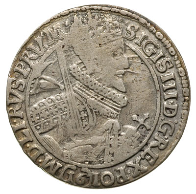 ort 1621, Bydgoszcz, cyfra 16 pod popiersiem król,a końcówka napisu na awersie PRV . M, T. 3, rzadki