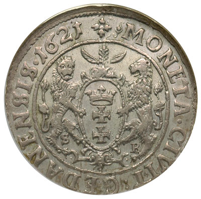 ort 1621, Gdańsk, sześć kropek kończy napis na awersie, moneta w pudełku NGC z certyfikatem  AU 58, rzadszy rocznik, ładnie zachowany egzemplarz