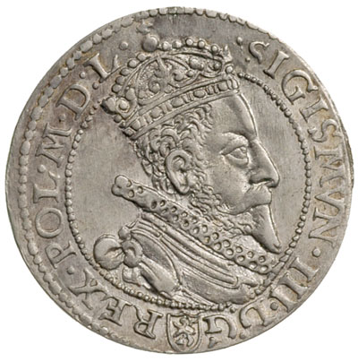 szóstak 1599, Malbork, mała głowa króla i duża kokarda na ramieniu króla, bardzo ładny egzemplarz
